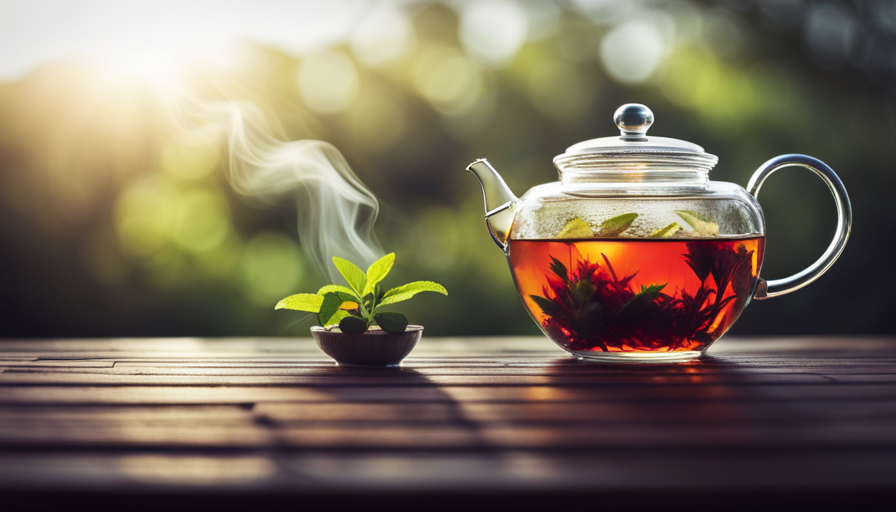 An image showcasing a serene scene with a delicate teapot, filled with vibrant herbal tea leaves, gently infusing in warm water
