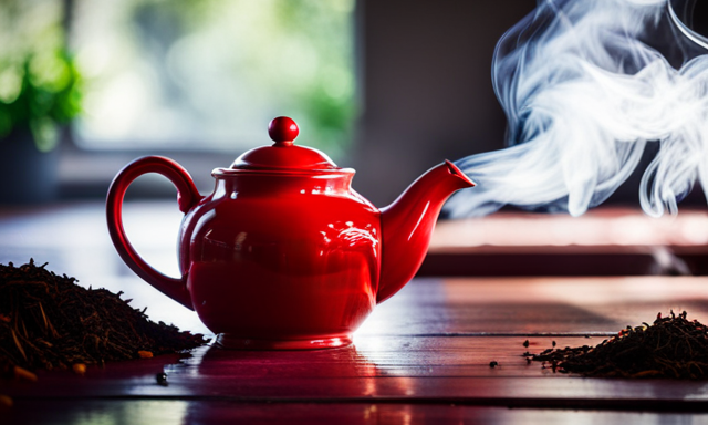 An image showcasing a vibrant red teapot sitting on a wooden table, surrounded by dried rooibos leaves, as steam gently rises from the spout, capturing the essence of the brewing process