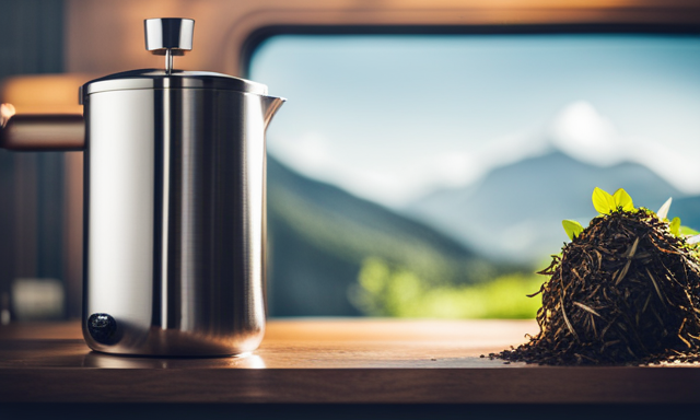 An image showcasing a French press filled with vibrant green yerba mate leaves steeping in hot water