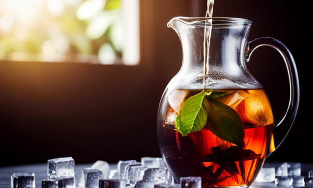 An image capturing the serene beauty of a glass pitcher filled with delicate oolong tea leaves gently steeping in cold water, surrounded by cascading ice cubes, showcasing the art of cold brewing perfection