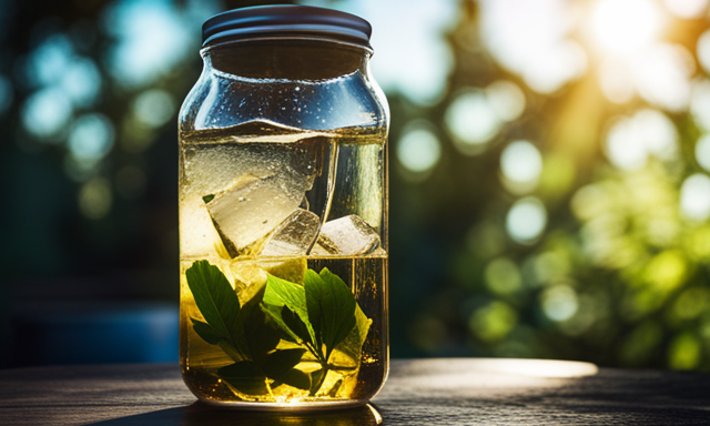 An image showcasing a glass jar filled with refreshing ice-cold yerba mate, infused with vibrant green leaves, submerged in water, and left to brew for hours as the morning sunlight gently filters through