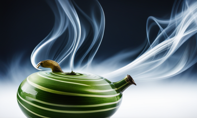 An image showcasing a traditional gourd filled with vibrant green yerba mate leaves, immersed in steaming hot water
