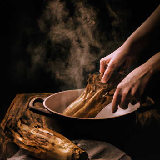 An image capturing the process of roasting chicory root: a rustic, wooden table adorned with a vintage silver roasting pan, filled with golden-brown chicory roots, emanating aromatic smoke, while a pair of hands gently turn them over with a wooden spatula