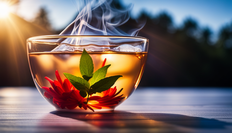 An image of a delicate porcelain teacup filled with fragrant, vibrant herbal tea leaves steeping in crystal-clear hot water