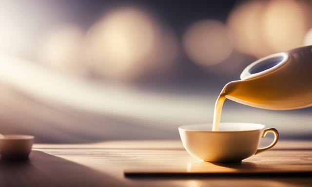 An image showcasing a serene teapot pouring a stream of delicate, golden-hued Milk Oolong Tao Tea into a porcelain cup