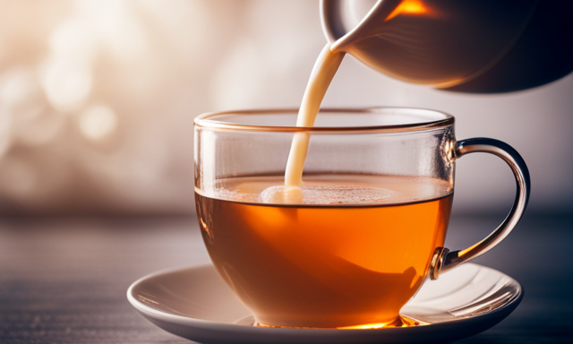 An image showcasing a steaming teapot pouring golden-hued Milk Oolong tea into a delicate porcelain cup, capturing the mesmerizing moment of infusion