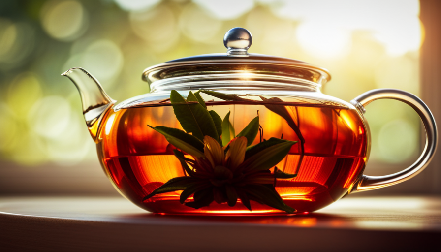 An image capturing the serene scene of a delicate passion flower tea infusing in a clear glass teapot, bathed in golden sunlight streaming through a nearby window, showcasing its rich color and aromatic essence