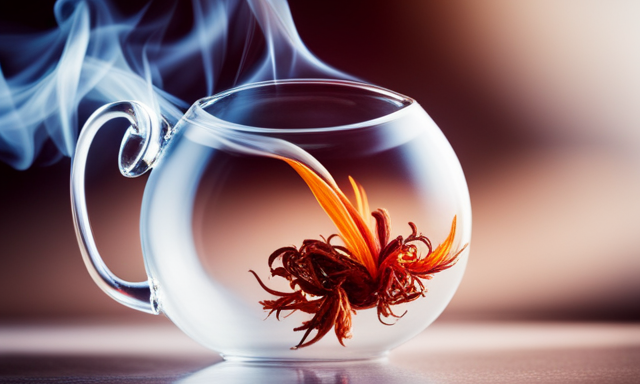 An image capturing the elegant dance of a delicate Phoenix Oolong tea leaf unfurling in a clear glass teapot, with tendrils of steam rising, showcasing the art of steeping at its finest