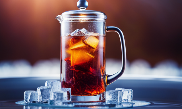 An image depicting a glass pitcher filled with vibrant red rooibos tea steeping in a clear ice bath, with a timer nearby displaying the perfect steeping time for refreshing and flavorful ice tea