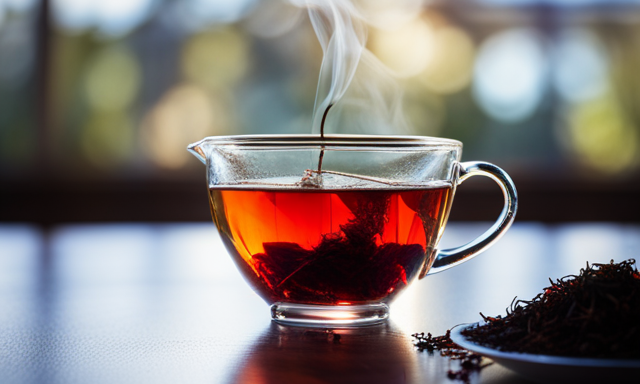 An image showcasing a serene setting with a teapot filled with vibrant red rooibos tea leaves, gently steeping in boiling water within a glass teacup