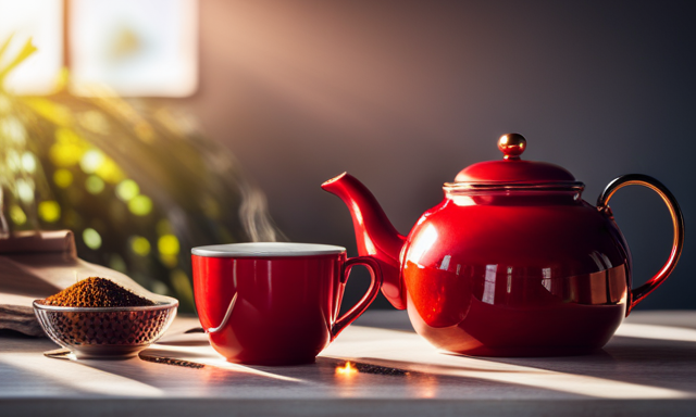 An image featuring a vibrant red ceramic teapot filled with steaming rooibos tea