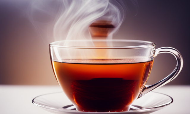 An image showcasing a serene teacup filled with vibrant red rooibos, delicately immersed in hot water