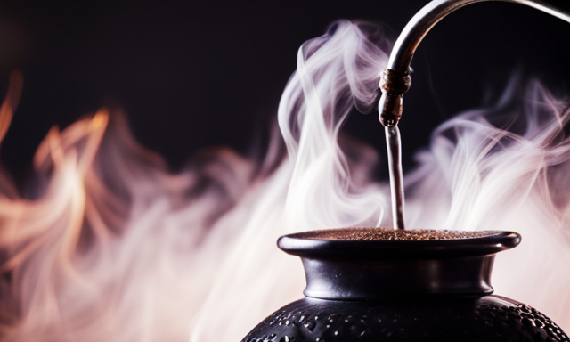An image depicting a traditional gourd filled with vibrant green yerba mate leaves being infused with steaming water, as tendrils of aromatic steam rise gracefully, capturing the essence of the perfect steeping process