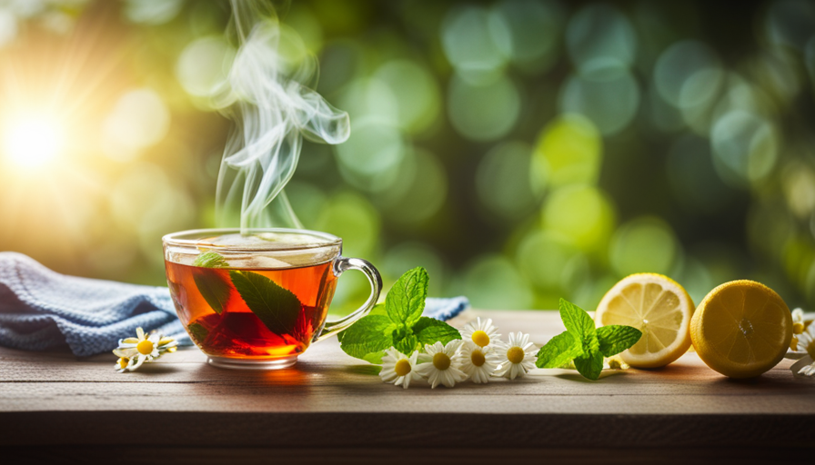 An image showcasing a steaming cup of herbal tea surrounded by a colorful array of fresh, natural ingredients like mint leaves, chamomile flowers, and lemon slices, evoking a sense of health and wellness