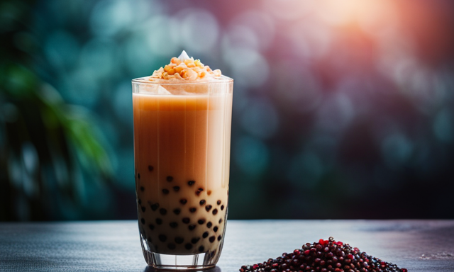 An image that showcases a tall glass of creamy oolong milk tea, filled with chewy boba pearls and topped with luscious pudding