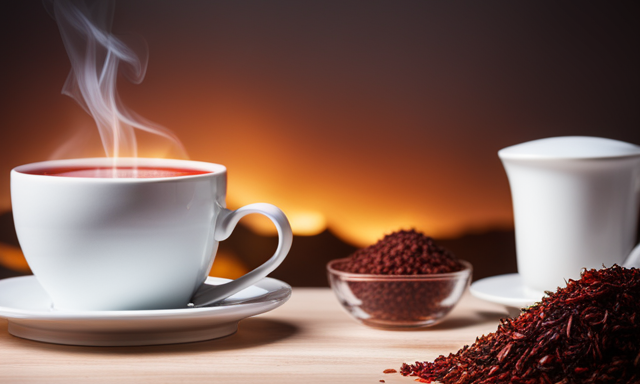 An image of a warm, steaming cup of vibrant red Rooibos tea, surrounded by a selection of calorie-rich foods