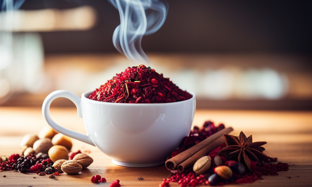 An image showcasing a steaming cup of ruby-red Rooibos tea, surrounded by a colorful array of wholesome, naturally sweet ingredients like berries, nuts, and spices, symbolizing the low carb content and deliciousness of this beloved beverage