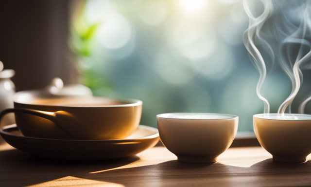 An image of a serene tea set on a wooden table, bathed in soft morning light