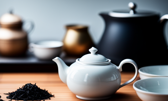 An image that showcases a serene, minimalist kitchen counter adorned with an elegant teapot, accompanied by several dainty teacups filled with steaming Oolong tea, enticing readers to explore the health benefits of this delightful brew