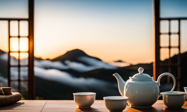 An image showcasing a serene tea ceremony scene with a table adorned with three delicate teacups filled with steaming Oolong tea, complemented by a graceful teapot and a lush backdrop of tea leaves