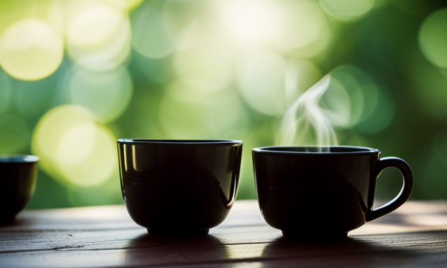 An image showcasing a serene, minimalist tea set with three delicate, steaming cups of vibrant Oolong tea, enticingly placed on a rustic wooden table surrounded by lush greenery and dappled sunlight streaming through a nearby window