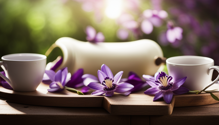 the serenity of a cozy, sunlit nook where delicate porcelain cups, brimming with soothing passion flower tea, sit elegantly on a rustic wooden tray adorned with vibrant purple petals