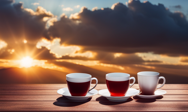 An image showcasing a serene, sun-kissed scene with a rustic wooden table adorned with multiple teacups filled with vibrant red Rooibos tea, exuding warmth and inviting readers to ponder the ideal daily consumption