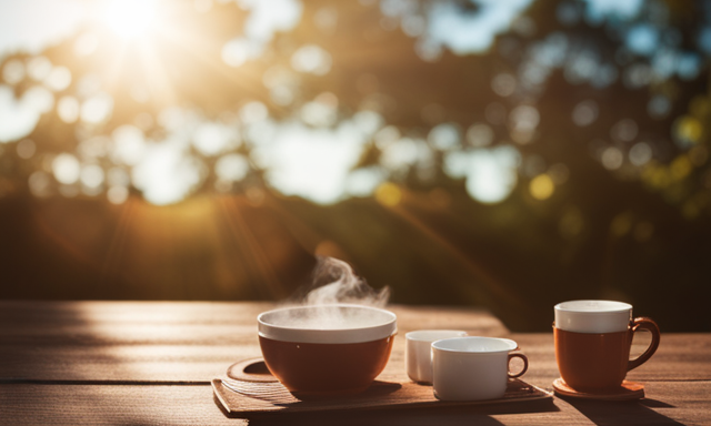 E the essence of a serene morning ritual with a captivating image featuring a rustic wooden table adorned with delicate porcelain cups filled with steaming rooibos tea, basking in the warm glow of the rising sun