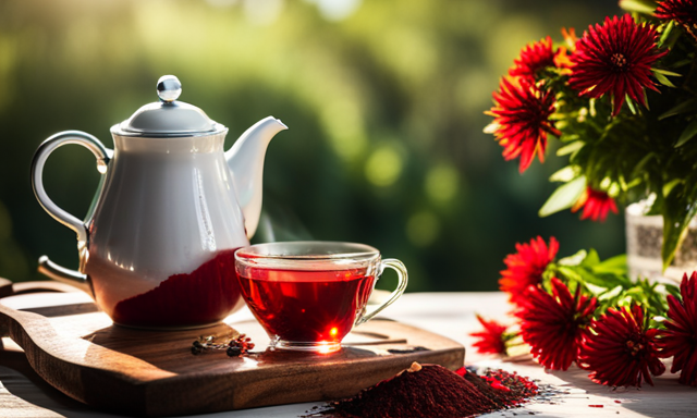 An image showcasing a serene, sunlit scene with a cozy teapot pouring a vibrant red cup of Rooibos tea into a delicate porcelain cup, surrounded by a lush bouquet of Rooibos leaves and a rustic wooden tray