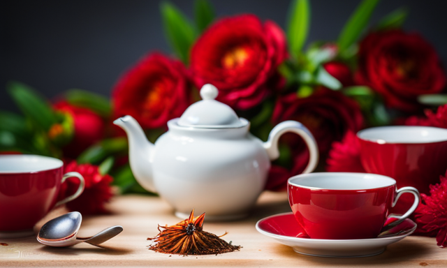 An image showcasing a serene scene of a wooden table adorned with a delicate teapot, accompanied by an assortment of dainty teacups filled with vibrant red Rooibos tea, steam gently rising from the cups