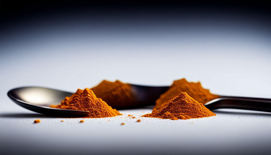 An image showcasing a pristine silver teaspoon, filled to the brim with vibrant, finely ground turmeric powder