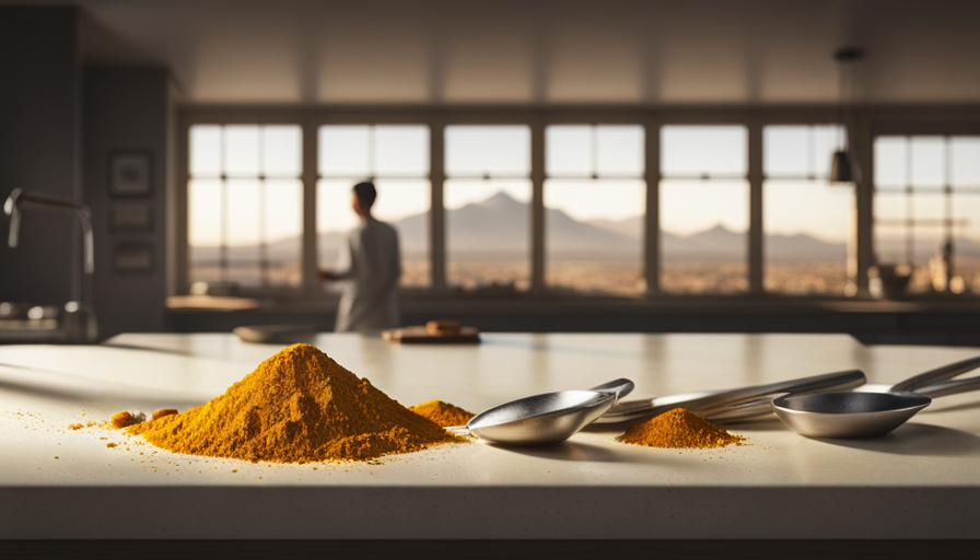 An image showcasing a serene, minimalist kitchen counter adorned with a variety of measuring spoons, each delicately filled with precise amounts of vibrant turmeric powder, symbolizing the different recommended daily grams