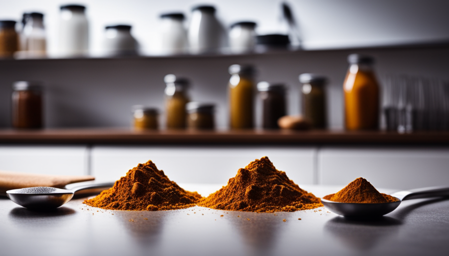 An image showcasing a serene, minimalist kitchen counter adorned with a variety of measuring spoons, each delicately filled with precise amounts of vibrant turmeric powder, symbolizing the different recommended daily grams