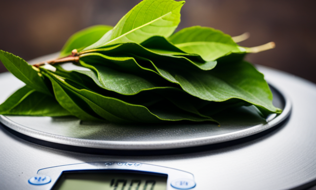 An image showcasing a digital kitchen scale with a vibrant green pile of yerba mate leaves gently placed on it, revealing the precise weight in grams