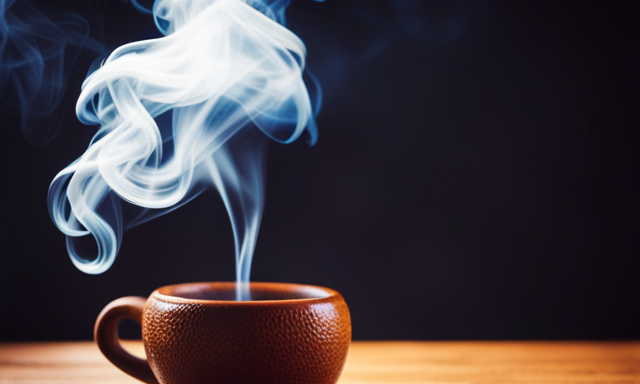 An image depicting a steaming cup of Guayaki Yerba Mate in a vibrant, earthy-hued ceramic mug, showcasing its rich aroma and invigorating appeal