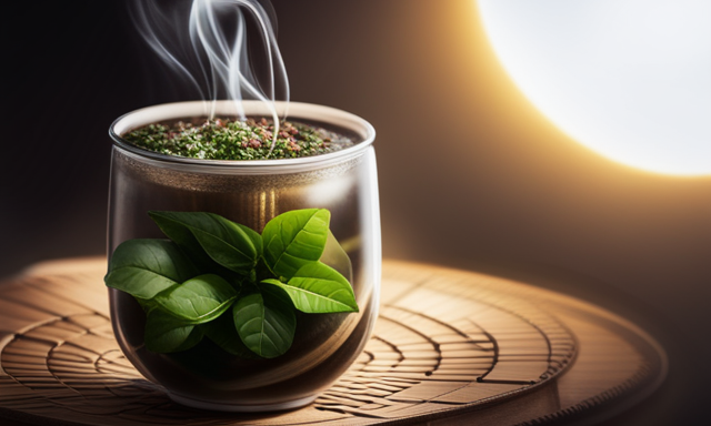 An image that showcases a close-up of a steaming cup of Yerba Mate, with vibrant green leaves swirling in the rich, dark liquid