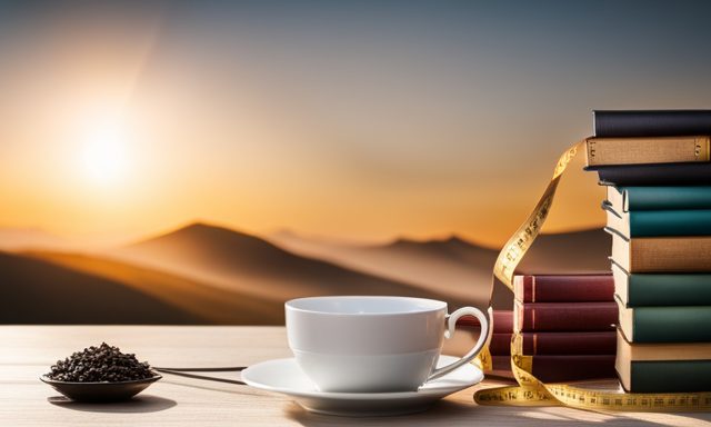 An image depicting a serene setting with an elegant teacup filled with oolong tea, surrounded by a tape measure, a scale, and a stack of books symbolizing knowledge, representing the topic of "How Many Mg of Oolong Tea for Weight Loss