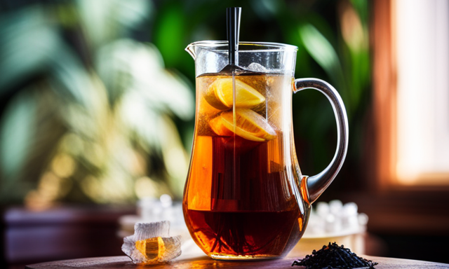 An image showcasing a clear glass pitcher filled with refreshing iced tea, adorned with precisely measured oolong tea bags