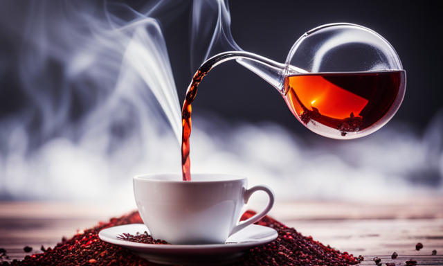 An image showcasing a teapot pouring 8 ounces of water into a mug filled with vibrant red Rooibos tea leaves