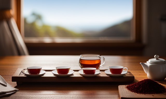 An image showcasing a serene, rustic wooden tea tray adorned with delicate, steaming cups of vibrant red Rooibos tea