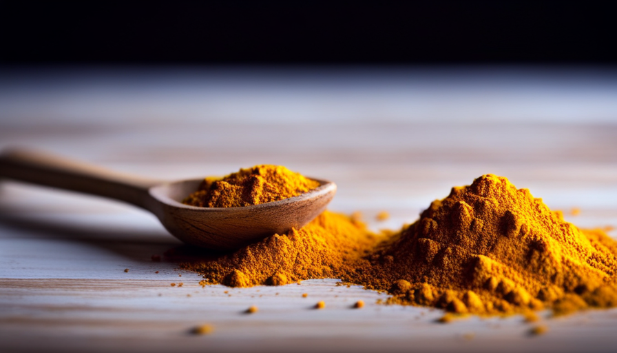 An image featuring a pristine white spoonful of vibrant turmeric powder, delicately sprinkled onto a wooden surface