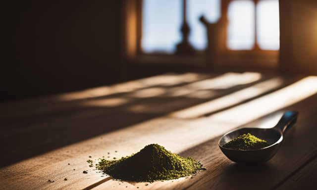 An image showcasing a vibrant, wooden tablespoon filled to the brim with freshly ground yerba mate leaves, casting a delicate shadow against a backdrop of glistening sunlight filtering through a rustic window