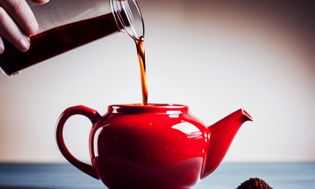 An image capturing the precise process of steeping rooibos tea: a vibrant red teapot pouring a stream of rich, aromatic liquid into a delicate ceramic cup, perfectly illustrating the ideal ratio of rooibos to water