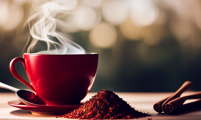 An image showcasing a vibrant red teacup filled with aromatic Rooibos tea, with delicate wisps of steam rising from it
