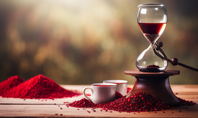 An image showcasing a serene scene of a rustic wooden table adorned with multiple steaming cups of vibrant red Rooibos tea, accompanied by a vintage hourglass, symbolizing the passing of time throughout the day