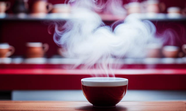 An image showcasing a serene scene of a cozy teahouse, adorned with vibrant red-hued walls and shelves filled with neatly stacked rows of steaming rooibos tea cups, inviting readers to explore the frequency of enjoying this soothing beverage