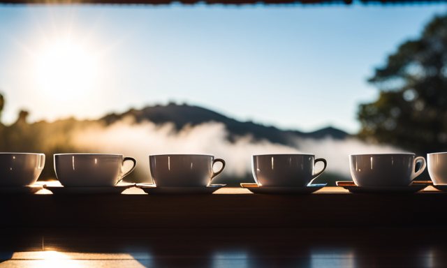 An image showcasing a serene setting with a wooden tray, holding three delicate porcelain teacups filled with steaming oolong tea