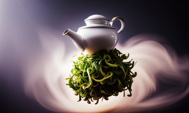 An image showcasing a ceramic teapot pouring hot water over a bundle of vibrant, unfurling oolong tea leaves