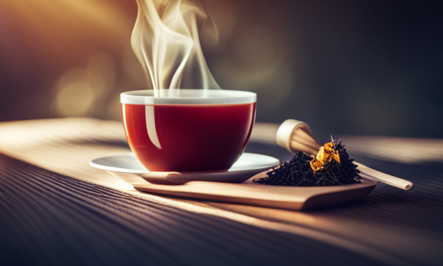 An image that showcases a steaming cup of oolong black tea with a tea bag, immersed for the first time, slowly releasing its rich amber color