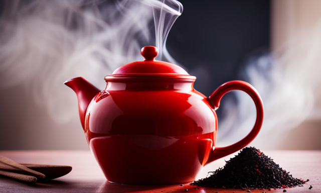 An image showcasing a vibrant red ceramic teapot, filled with steaming rooibos tea